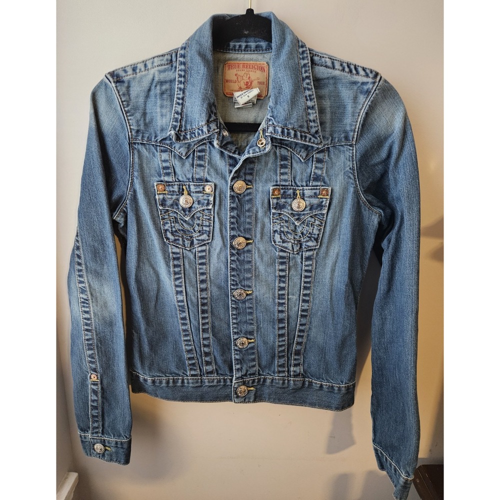 True Religion Women's Denim Jacket Small Blue Y2K Horseshoe Pocket Trucker Jimmy